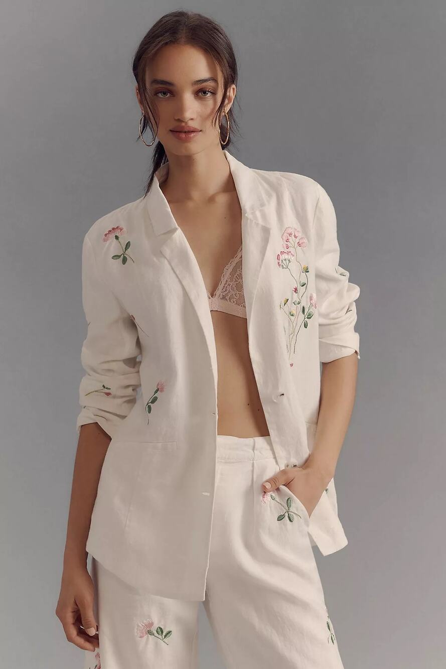 Anthropologie Embroidered Linen Blazer Floral White Size M $198